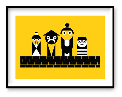 Bold and playful graphic illustration titled ‘Chinese’ by Studio Frits, featuring four stylized black-and-white cartoon characters with geometric shapes against a vibrant yellow background. This modern art print blends minimalism with cultural motifs, perfect for contemporary interiors, kids’ rooms, or design lovers who appreciate quirky wall decor. Available at Galerie Frits
