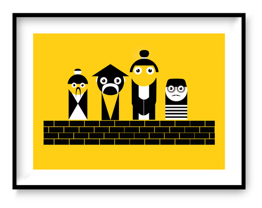 Bold and playful graphic illustration titled ‘Chinese’ by Studio Frits, featuring four stylized black-and-white cartoon characters with geometric shapes against a vibrant yellow background. This modern art print blends minimalism with cultural motifs, perfect for contemporary interiors, kids’ rooms, or design lovers who appreciate quirky wall decor. Available at Galerie Frits