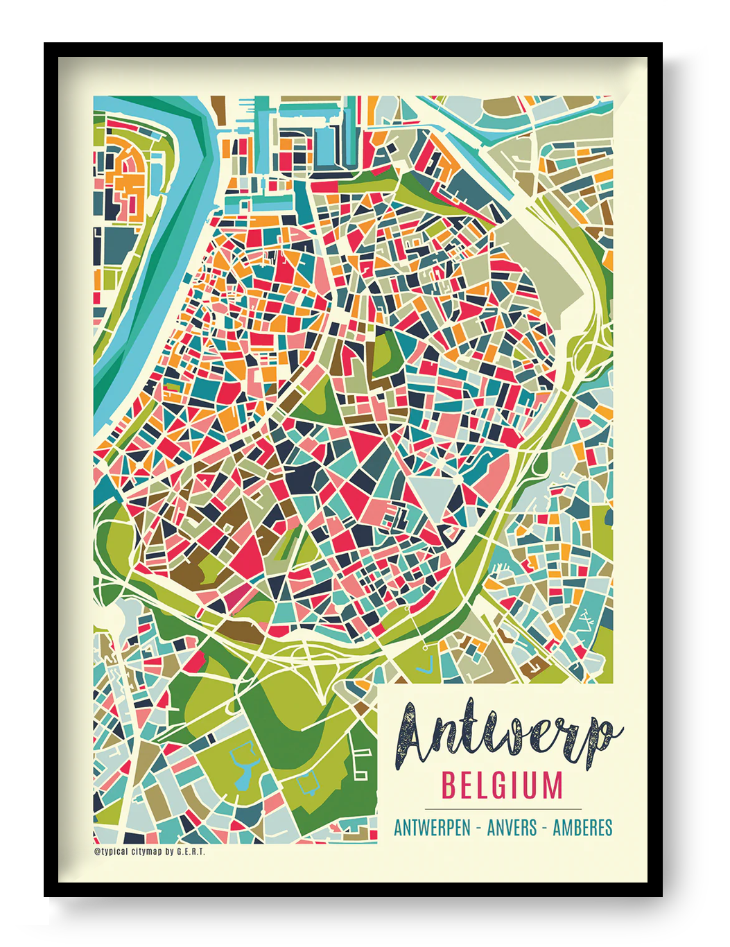Colorful modern illustration of Antwerp city map by Studio Frits, featuring an abstract geometric layout of Belgium’s iconic port city. Urban wall art showcasing Antwerp's neighborhoods, streets, and river in vibrant colors. Perfect for travel lovers, map collectors, or contemporary home decor. Available as a high-quality art print at Galerie Frits