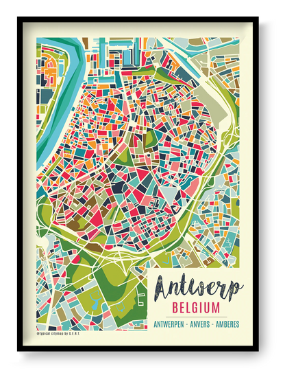 Colorful modern illustration of Antwerp city map by Studio Frits, featuring an abstract geometric layout of Belgium’s iconic port city. Urban wall art showcasing Antwerp's neighborhoods, streets, and river in vibrant colors. Perfect for travel lovers, map collectors, or contemporary home decor. Available as a high-quality art print at Galerie Frits