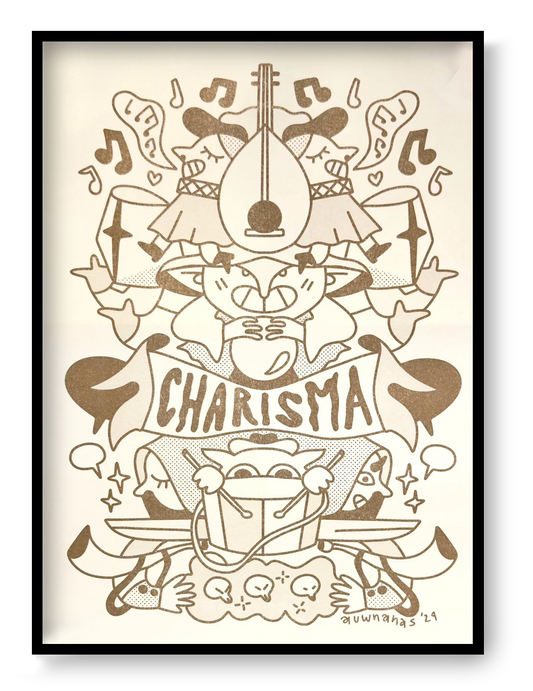 Risograph illustration “Class Act Gold” by Auwnanas featuring whimsical musicians, playful characters, musical notes and decorative shapes in warm golden tones; A3 art print with bold graphic style and lively composition; modern quirky wall art perfect for cheerful home décor and collectors of contemporary risography.