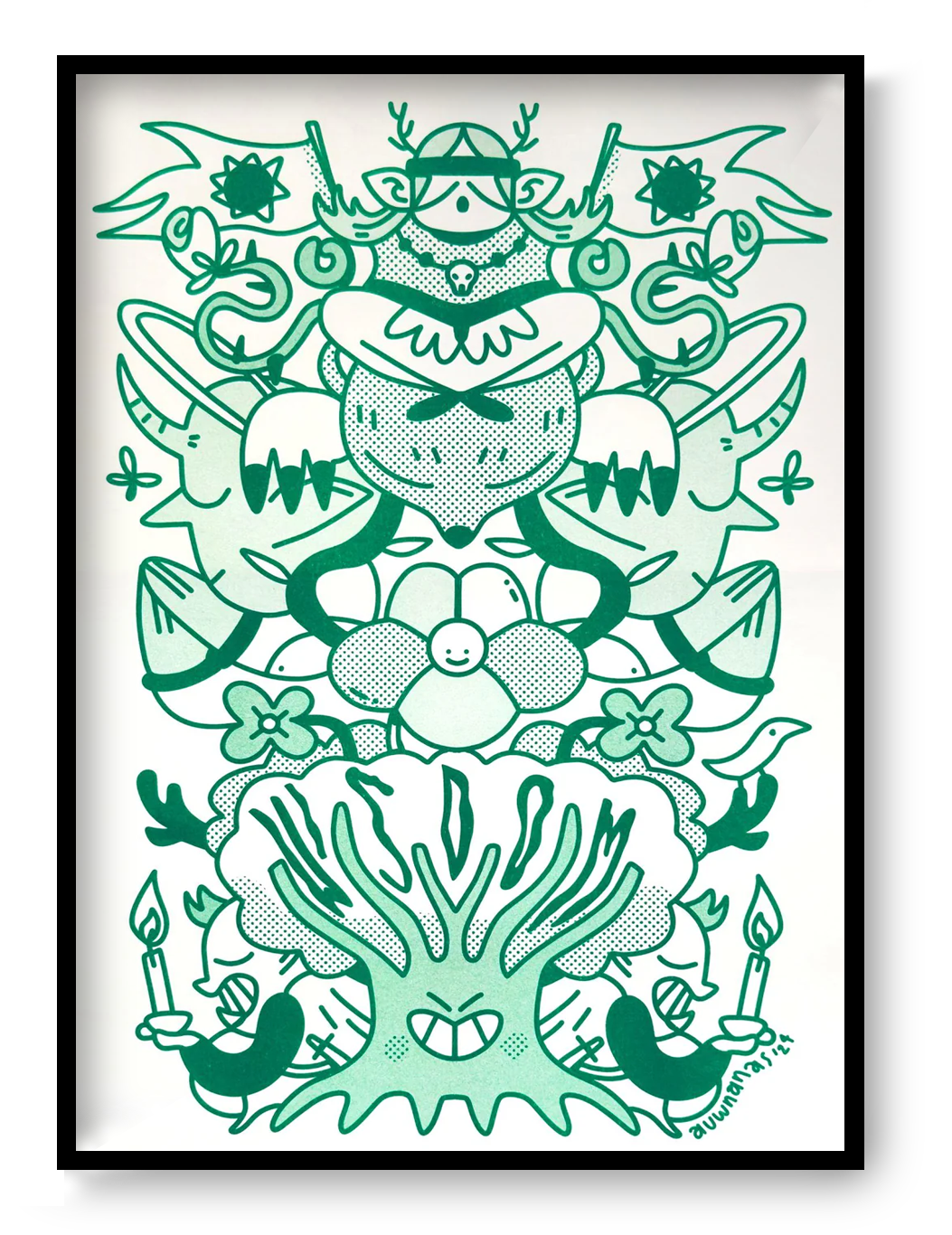 Green risograph illustration by Auwnanas featuring a symmetrical composition of whimsical characters, smiling flowers, quirky animals with horns, waving flags, expressive candles, and a bold central tree figure. Playful linework, bold shapes, and layered green tones create a lively, modern art print. A3 wall art, contemporary risograph illustration for home decor.