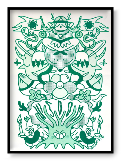 Green risograph illustration by Auwnanas featuring a symmetrical composition of whimsical characters, smiling flowers, quirky animals with horns, waving flags, expressive candles, and a bold central tree figure. Playful linework, bold shapes, and layered green tones create a lively, modern art print. A3 wall art, contemporary risograph illustration for home decor.