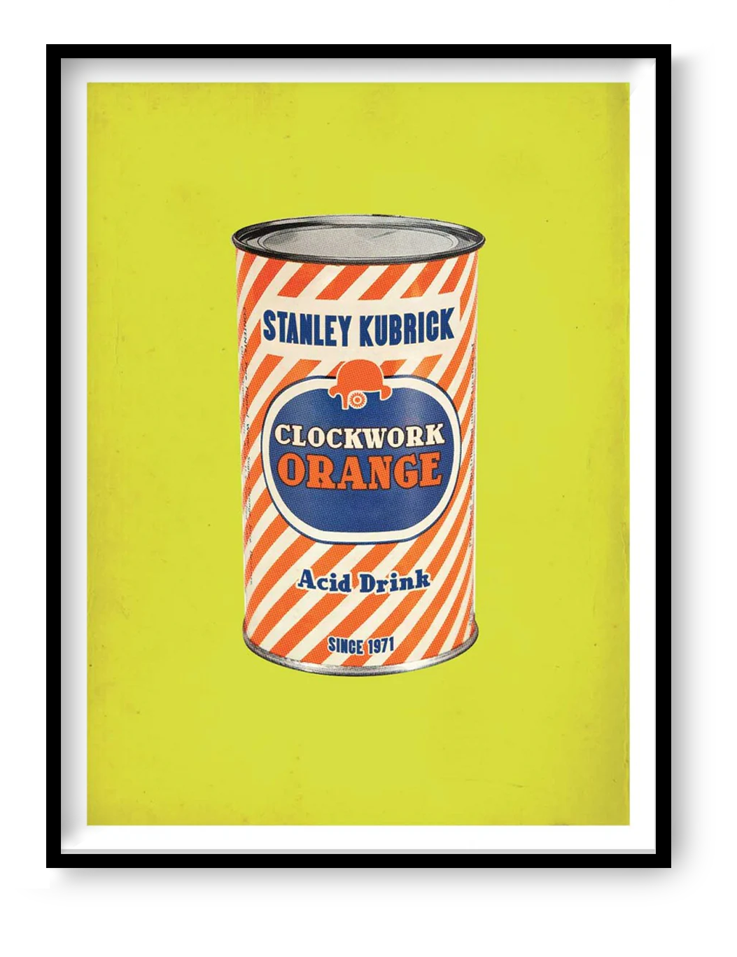 Clockwork Orange by David Redon – 30x40 cm pop art poster inspired by Stanley Kubrick’s cult film A Clockwork Orange, featuring a vintage 1960s-style canned drink design on a bright yellow background. Retro cinema wall art for movie lovers, printed in France on FSC-certified paper.