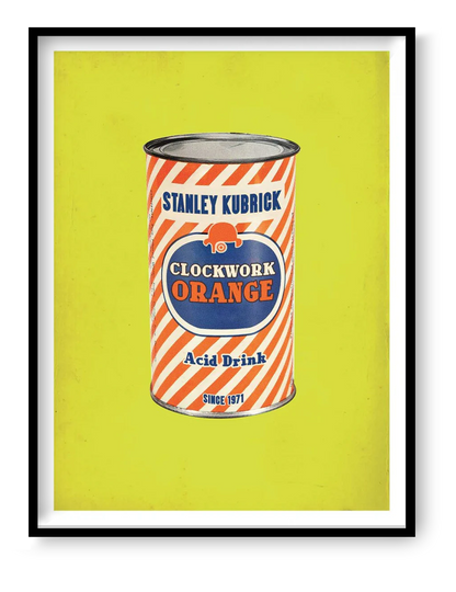 Clockwork Orange by David Redon – 30x40 cm pop art poster inspired by Stanley Kubrick’s cult film A Clockwork Orange, featuring a vintage 1960s-style canned drink design on a bright yellow background. Retro cinema wall art for movie lovers, printed in France on FSC-certified paper.