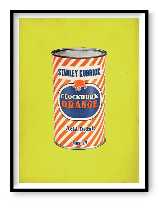Clockwork Orange by David Redon – 30x40 cm pop art poster inspired by Stanley Kubrick’s cult film A Clockwork Orange, featuring a vintage 1960s-style canned drink design on a bright yellow background. Retro cinema wall art for movie lovers, printed in France on FSC-certified paper.