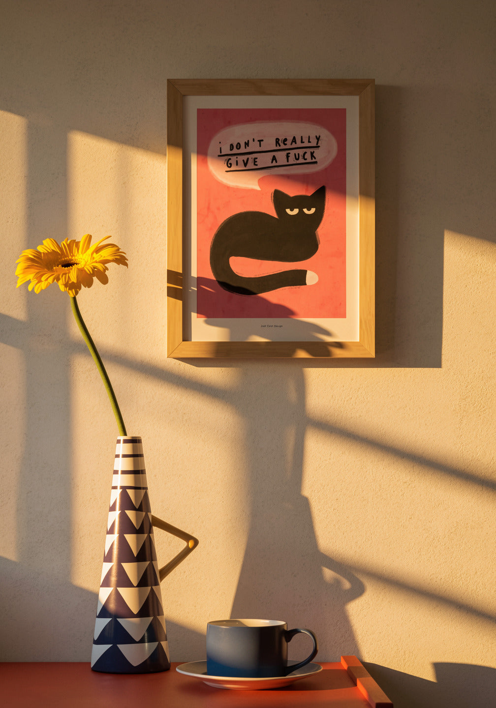 Funny cat illustration art print with bold text “I don’t really give a fuck”, pink background, giclée print by Just Cool Design, modern sarcastic wall art for home office decor
