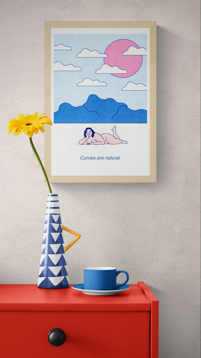 A3 risograph art print “Curves Are Natural” by Studio Stoutpoep, body-positive illustration with soft pastel colors and bold lines, contemporary wall art for modern interiors.