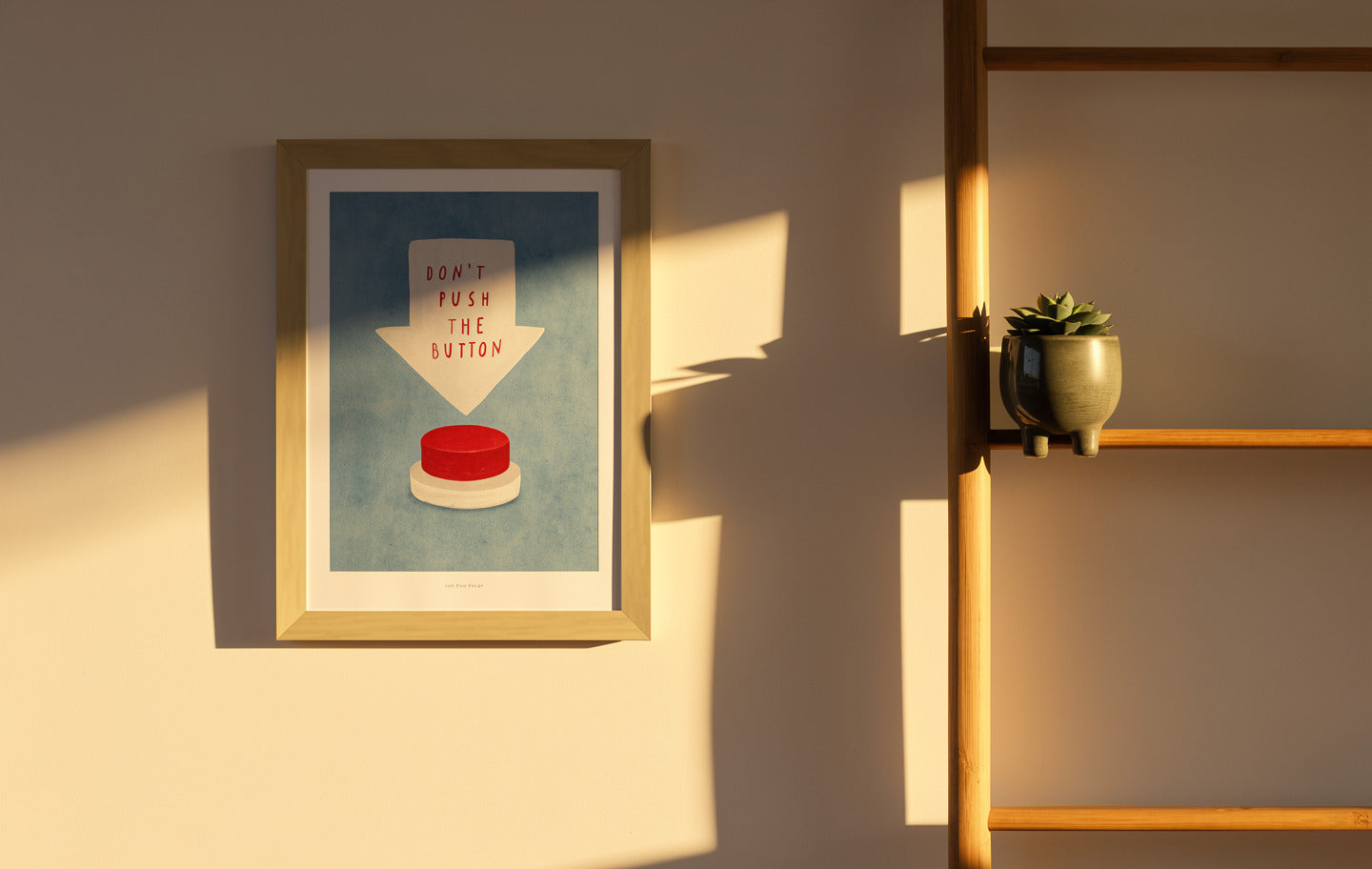 Minimalist illustration featuring a bright red button beneath a large white arrow with the text “Don't Push the Button” on a soft blue background. Humorous contemporary Giclée art print in portrait format, ideal for office decor, creative spaces, and modern interiors.