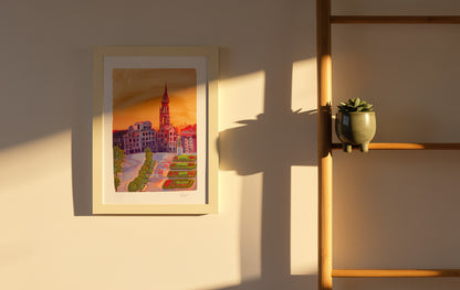 Colorful illustration of Mont des Arts in Brussels at sunset with historic buildings, garden terraces, and warm orange sky, fine art giclée print on textured cotton paper.