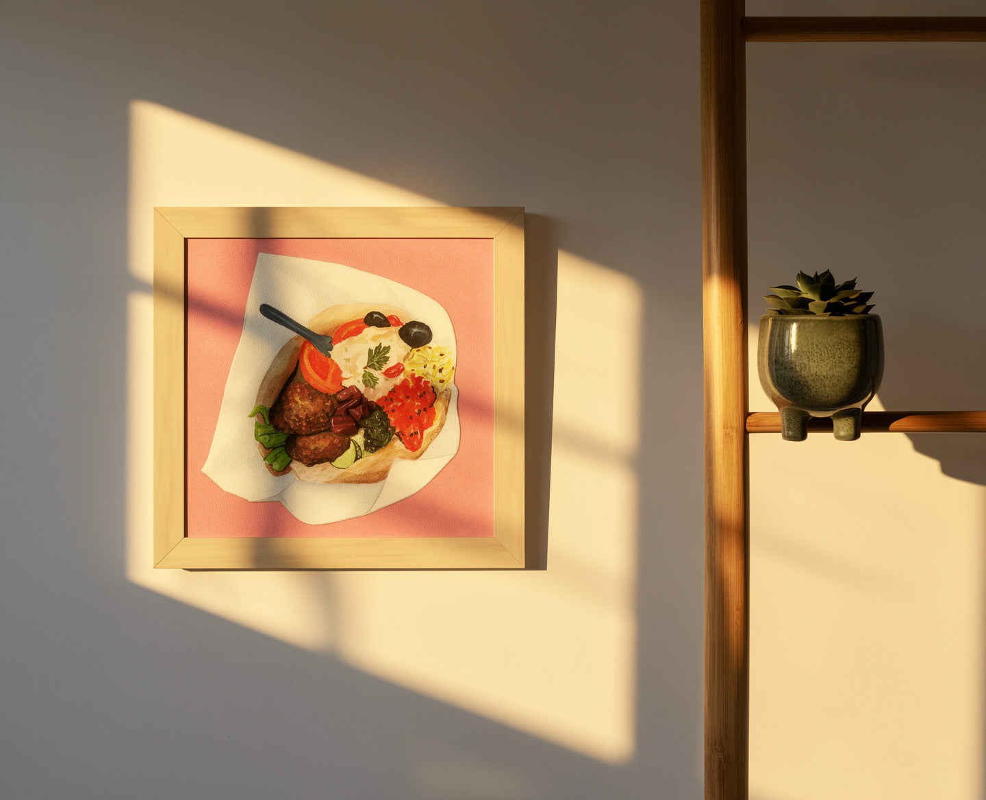 Art print “Falafel” by Kim Timmermans, watercolor and pencil illustration of a falafel wrap, intimate food illustration for contemporary interiors.