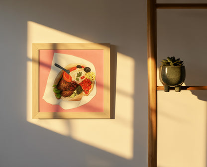 Art print “Falafel” by Kim Timmermans, watercolor and pencil illustration of a falafel wrap, intimate food illustration for contemporary interiors.
