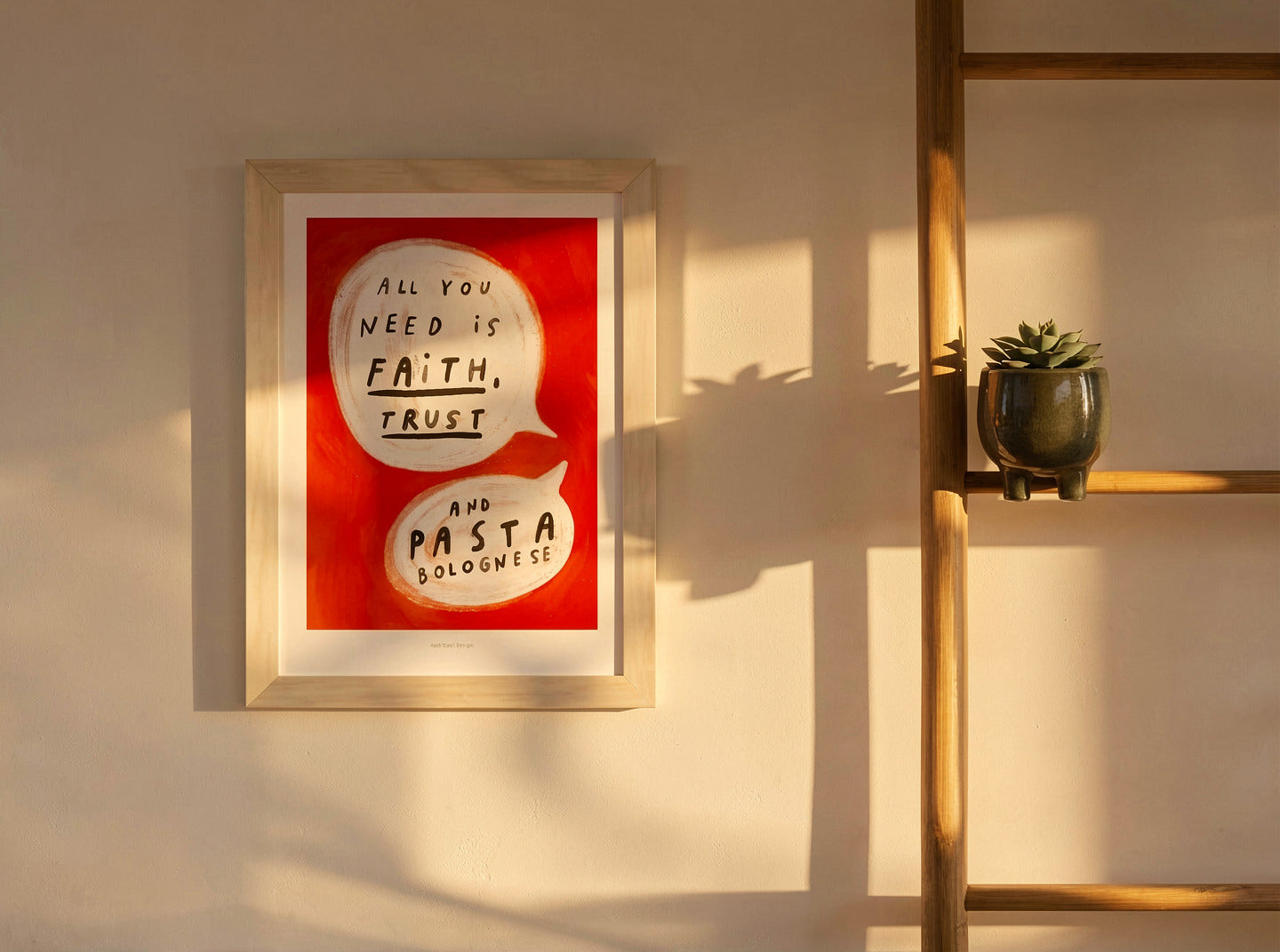 Colorful typography art print with the quote “All you need is faith, trust and pasta bolognese” in comic-style speech bubbles on a vivid red background — humorous kitchen wall art by Just Cool Design, perfect for food lovers and design enthusiasts.