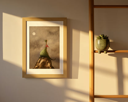 Little Dragon by Willy Leung, A4 giclée art print on 300g Hahnemühle Photo Rag, whimsical dragon illustration under a moonlit sky, dreamy fantasy wall art for modern home decor, poetic storytelling artwork