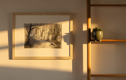 Dreamlike forest illustration with hidden woodland spirits and delicate pencil-style details by Willy Leung. Landscape giclée art print in soft monochrome tones, ideal for cozy living rooms, nurseries, reading corners, and nature-inspired home decor.