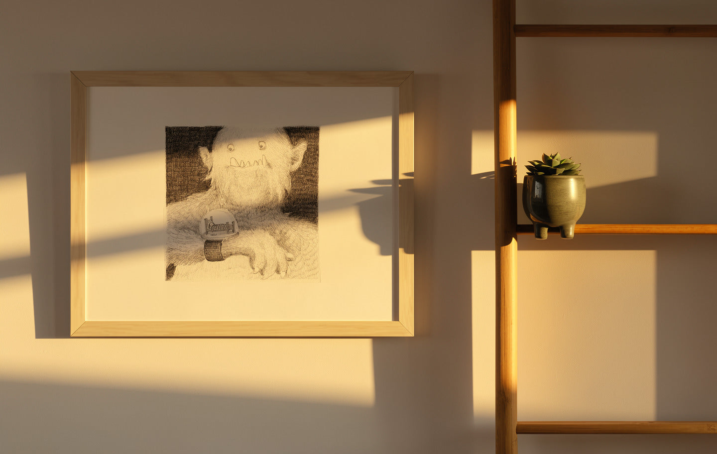 Surreal black-and-white giclée art print of a gentle furry monster wearing a wristwatch with a tiny bedroom inside, illustrated by Willy Leung. Detailed pencil-style artwork for cozy home decor, displayed in portrait orientation.