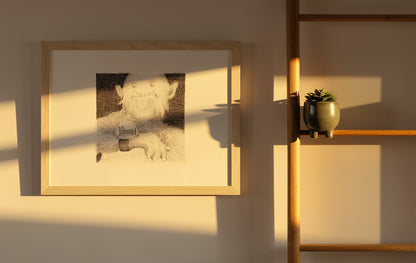 Surreal black-and-white giclée art print of a gentle furry monster wearing a wristwatch with a tiny bedroom inside, illustrated by Willy Leung. Detailed pencil-style artwork for cozy home decor, displayed in portrait orientation.