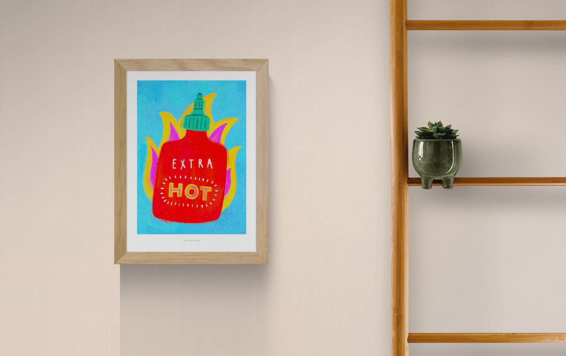 Colorful vertical illustration featuring a bright red hot sauce bottle surrounded by stylized yellow and pink flames on a blue background. Playful contemporary giclée art print with bold colors, ideal for kitchen wall art and modern home decor.