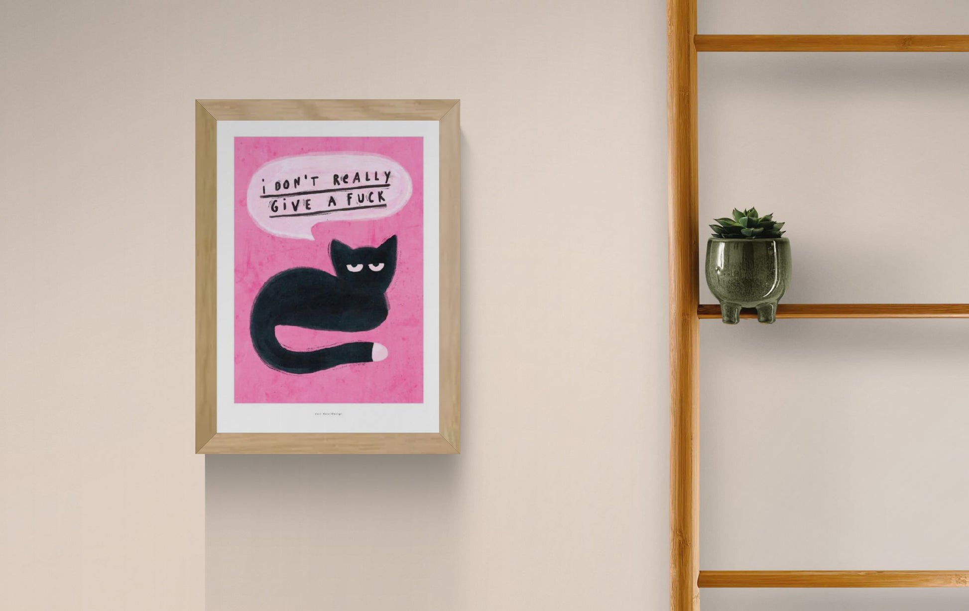 Funny cat illustration art print with bold text “I don’t really give a fuck”, pink background, giclée print by Just Cool Design, modern sarcastic wall art for home office decor