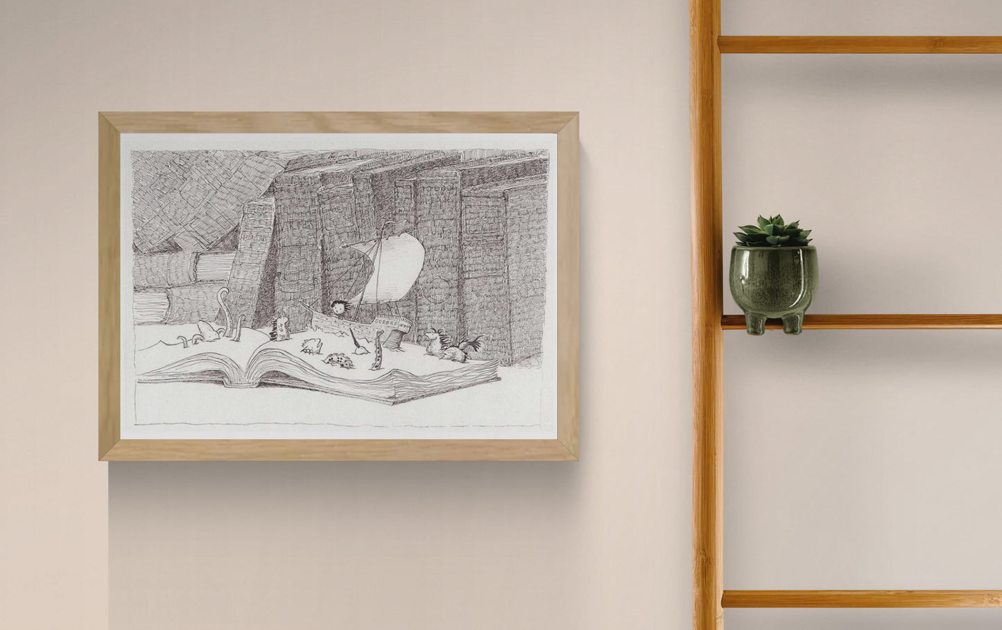 Detailed monochrome illustration titled Vessel by Willy Leung featuring a paper sailboat floating across the pages of an open book surrounded by towering library books, tiny creatures, and intricate pen-drawn textures. Literary surreal art print available in A4 and 30 x 40 cm.