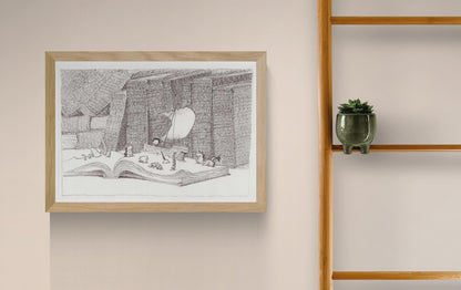 Detailed monochrome illustration titled Vessel by Willy Leung featuring a paper sailboat floating across the pages of an open book surrounded by towering library books, tiny creatures, and intricate pen-drawn textures. Literary surreal art print available in A4 and 30 x 40 cm.