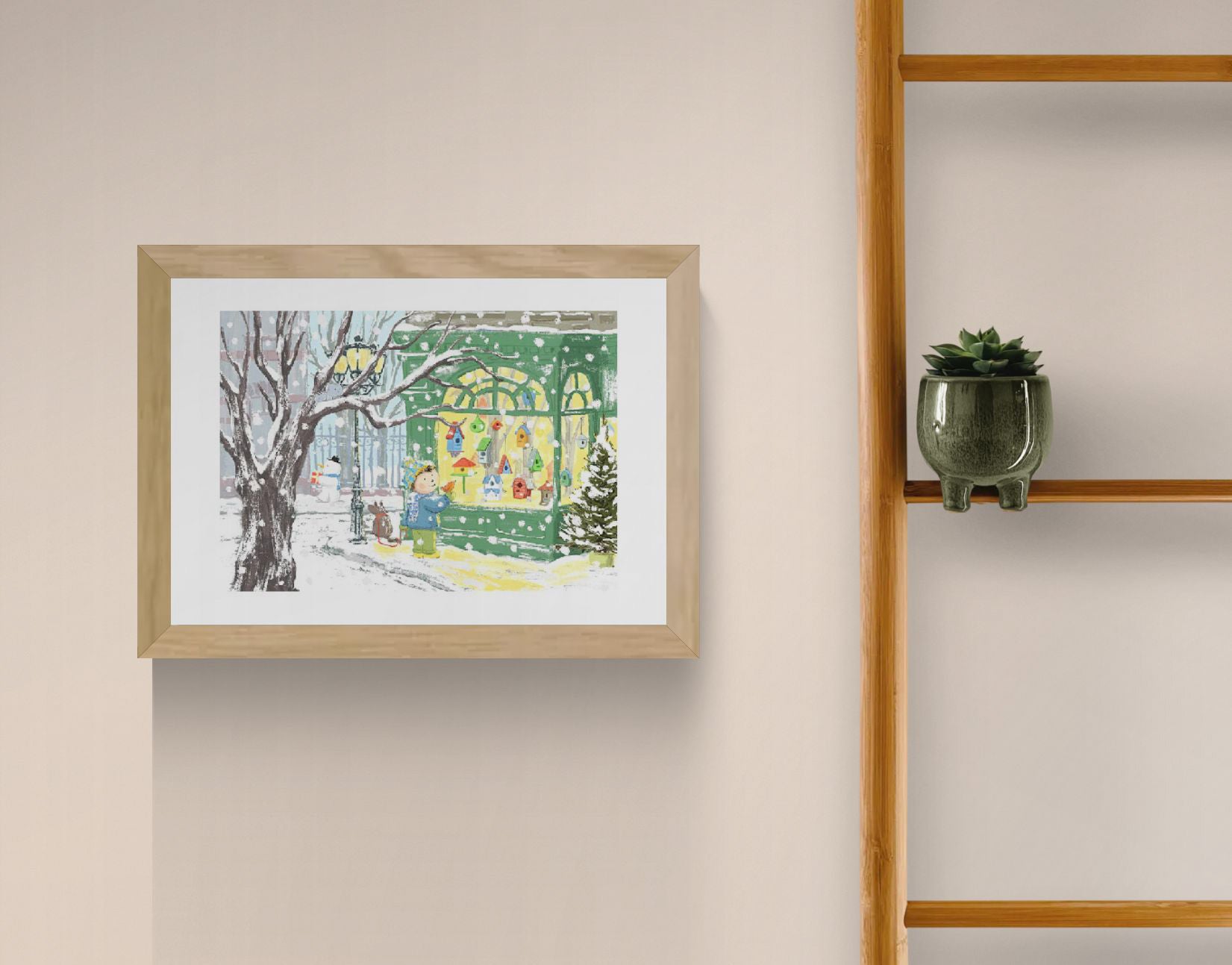 Winter-themed Giclée print by Belgian illustrator Willy Leung – charming A4 art print of a snowy street with a child admiring colorful birdhouses in a shop window – printed with archival pigment inks on 308 gsm Hahnemühle fine art paper.