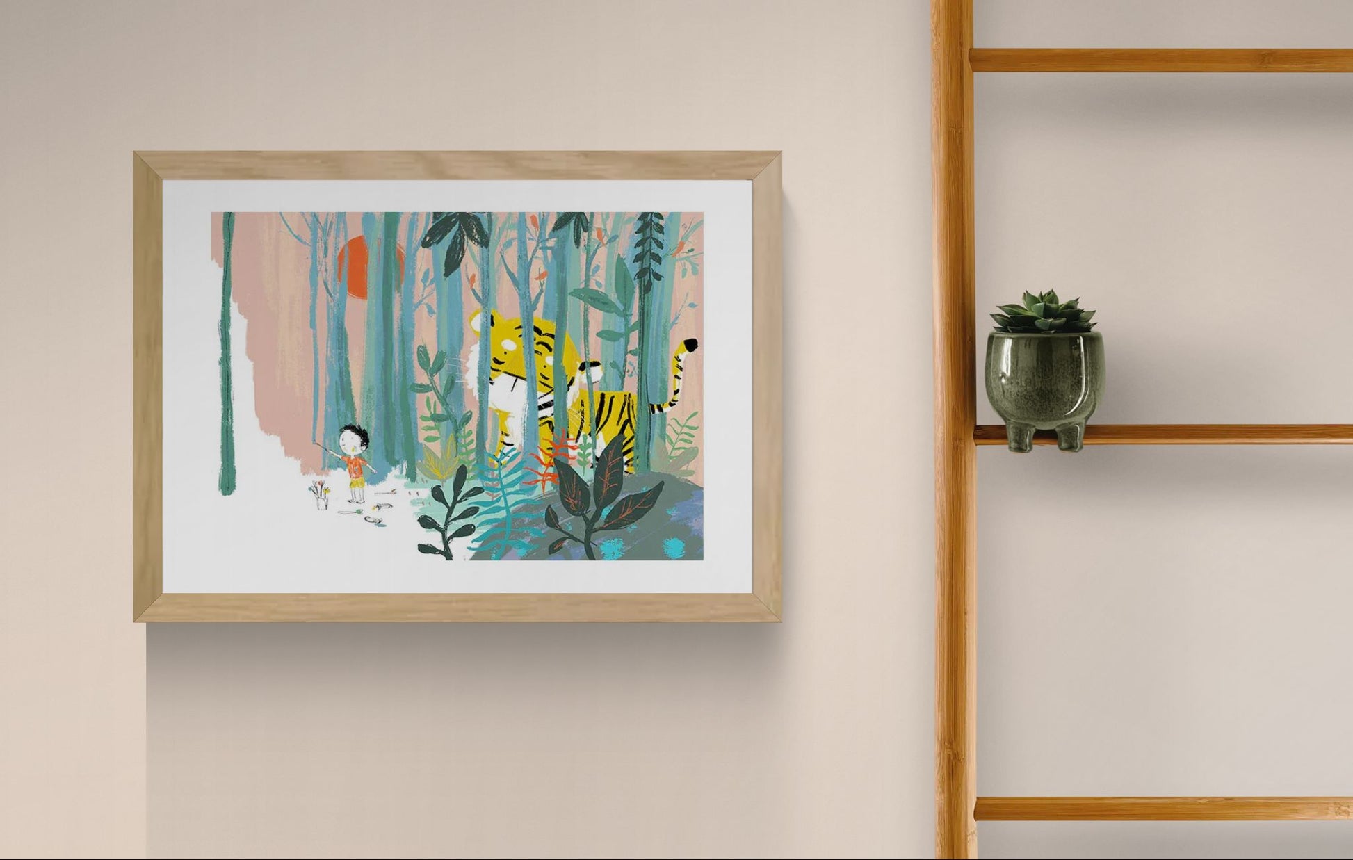 Child standing in a pastel forest facing a large yellow tiger behind tall trees, illustrated by Willy Leung in a soft poetic style with teal foliage and dreamlike colors.