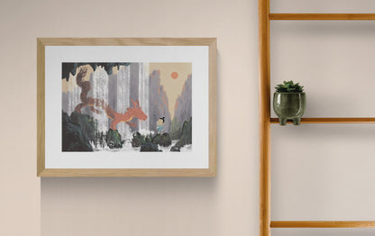 Year of the Dragon by Willy Leung featuring a child meeting a friendly red dragon beside waterfalls in a dreamlike mountain landscape. Fine art giclée print with soft earthy colors, perfect for children's rooms, reading corners, and modern home decor.