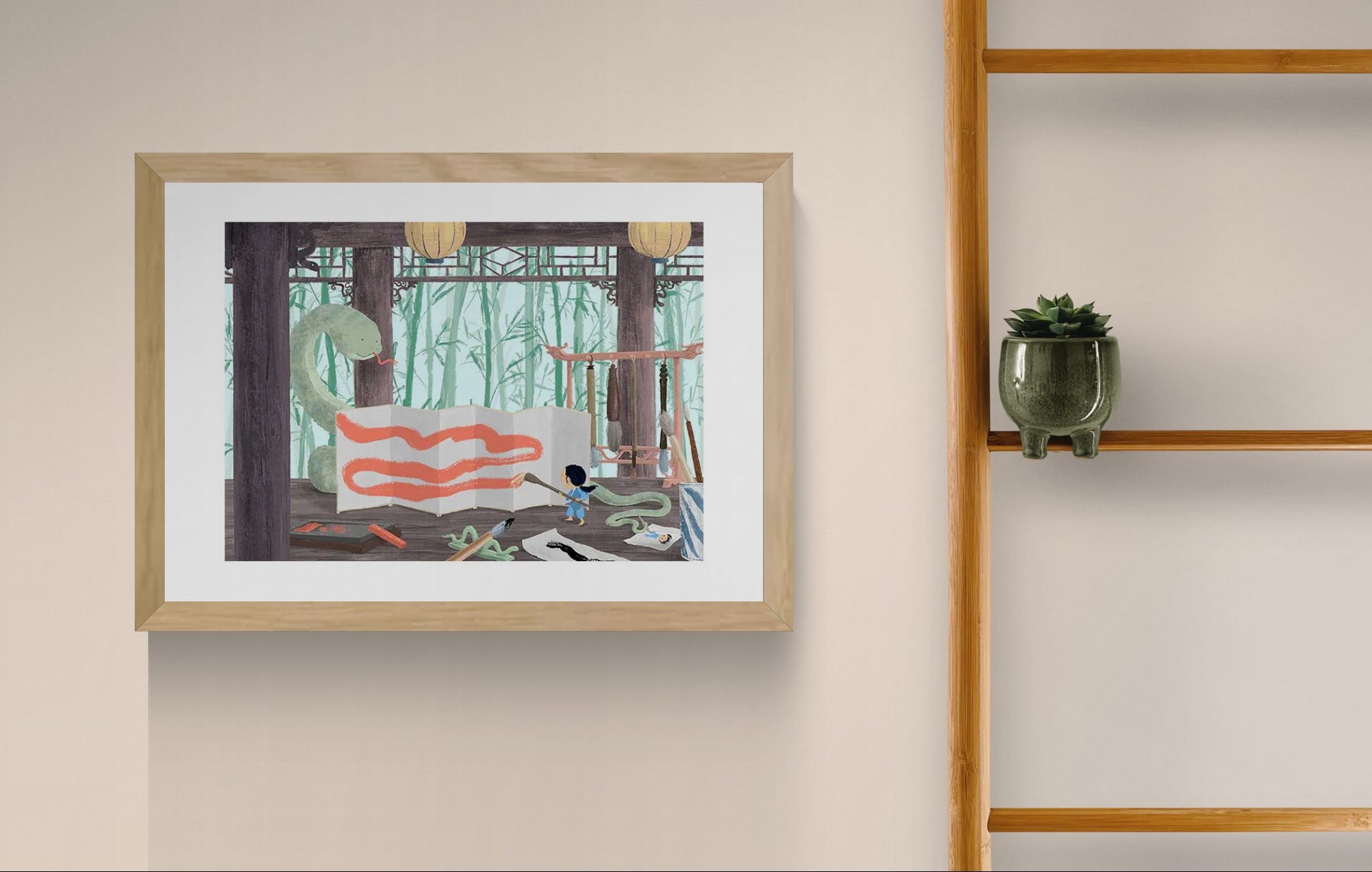 Year of the Snake by Willy Leung, a poetic giclée art print showing a child painting beside a large green snake in a calm bamboo-inspired interior, ideal for fantasy wall art, children’s room decor, and storytelling illustration lovers.