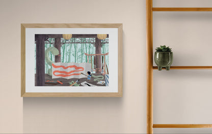 Year of the Snake by Willy Leung, a poetic giclée art print showing a child painting beside a large green snake in a calm bamboo-inspired interior, ideal for fantasy wall art, children’s room decor, and storytelling illustration lovers.