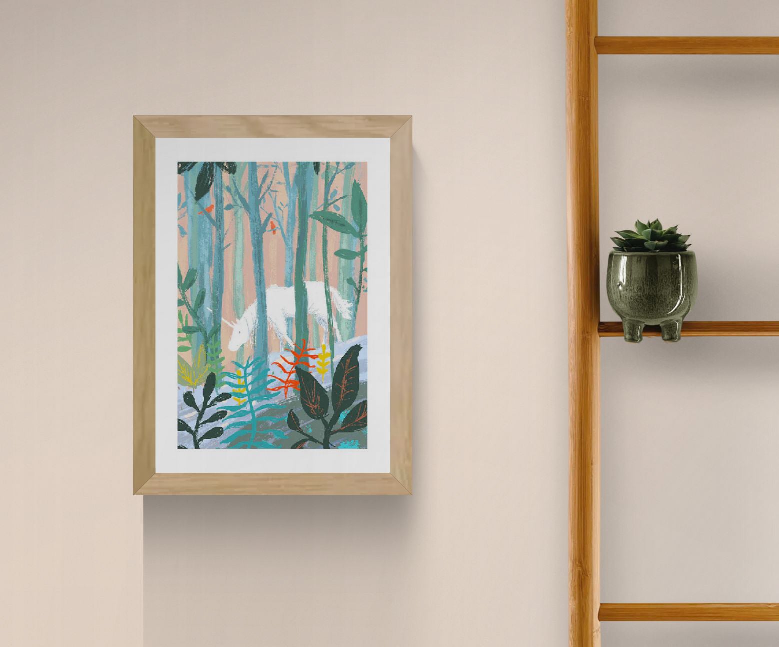 Dreamlike unicorn forest art print by Willy Leung featuring a white unicorn hidden between pastel trees and colorful plants, printed as an A4 archival giclée wall art on Hahnemühle paper.