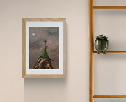 Little Dragon by Willy Leung, A4 giclée art print on 300g Hahnemühle Photo Rag, whimsical dragon illustration under a moonlit sky, dreamy fantasy wall art for modern home decor, poetic storytelling artwork