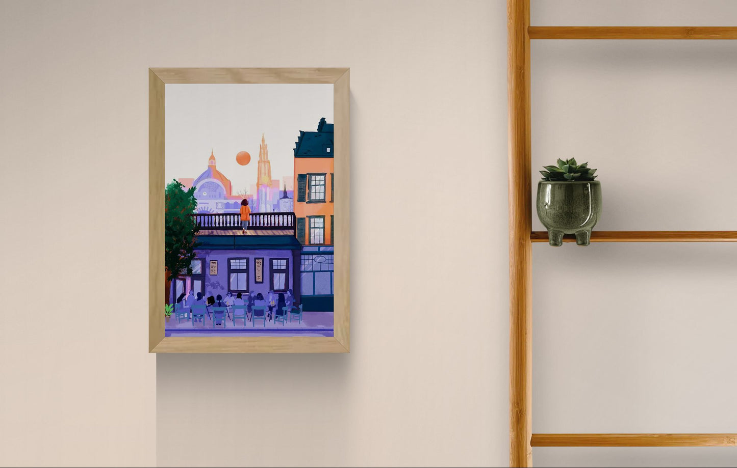 Illustrated cityscape of Antwerp by Mexican artist Valeria Maggiani – warm sunset tones, iconic skyline, Cathedral of Our Lady, terrace with people, printed in Belgium under the artist's supervision, signed and numbered A4 digital art print – modern wall art for city and travel lovers.
