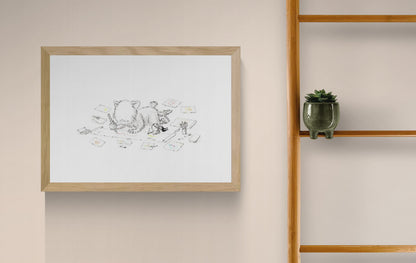 Minimalist illustration by Willy Leung featuring a fluffy monster and a little girl drawing on the floor, surrounded by papers – A4 giclée print on premium Hahnemühle Photo Rag paper, signed by the artist.