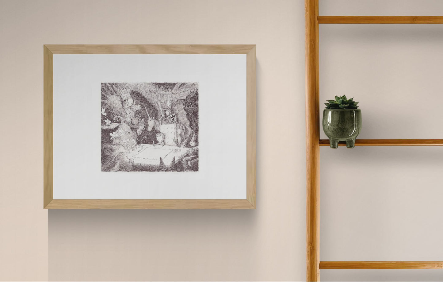 Black and white fantasy illustration by Willy Leung featuring children and mysterious forest creatures gathered around a map. Detailed horizontal giclée print on fine art paper, ideal for living rooms, reading corners, studios, and cozy interiors.