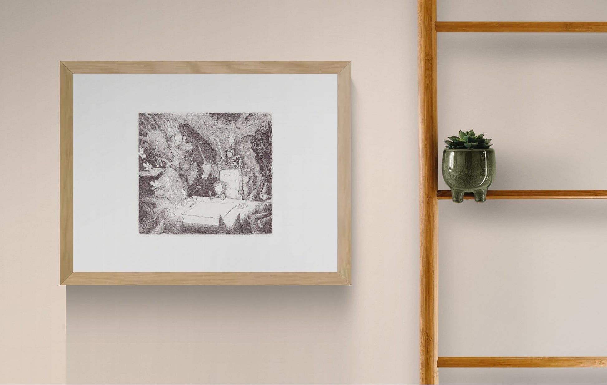 Black and white fantasy illustration by Willy Leung featuring children and mysterious forest creatures gathered around a map. Detailed horizontal giclée print on fine art paper, ideal for living rooms, reading corners, studios, and cozy interiors.