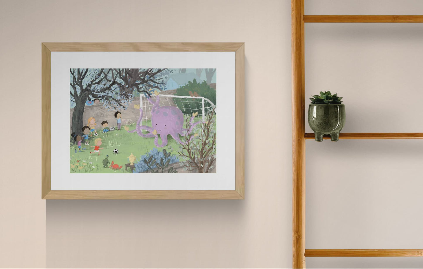 Whimsical children illustration art print Matchday by Willy Leung showing kids playing soccer with a friendly purple octopus as goalkeeper in a playful garden scene.