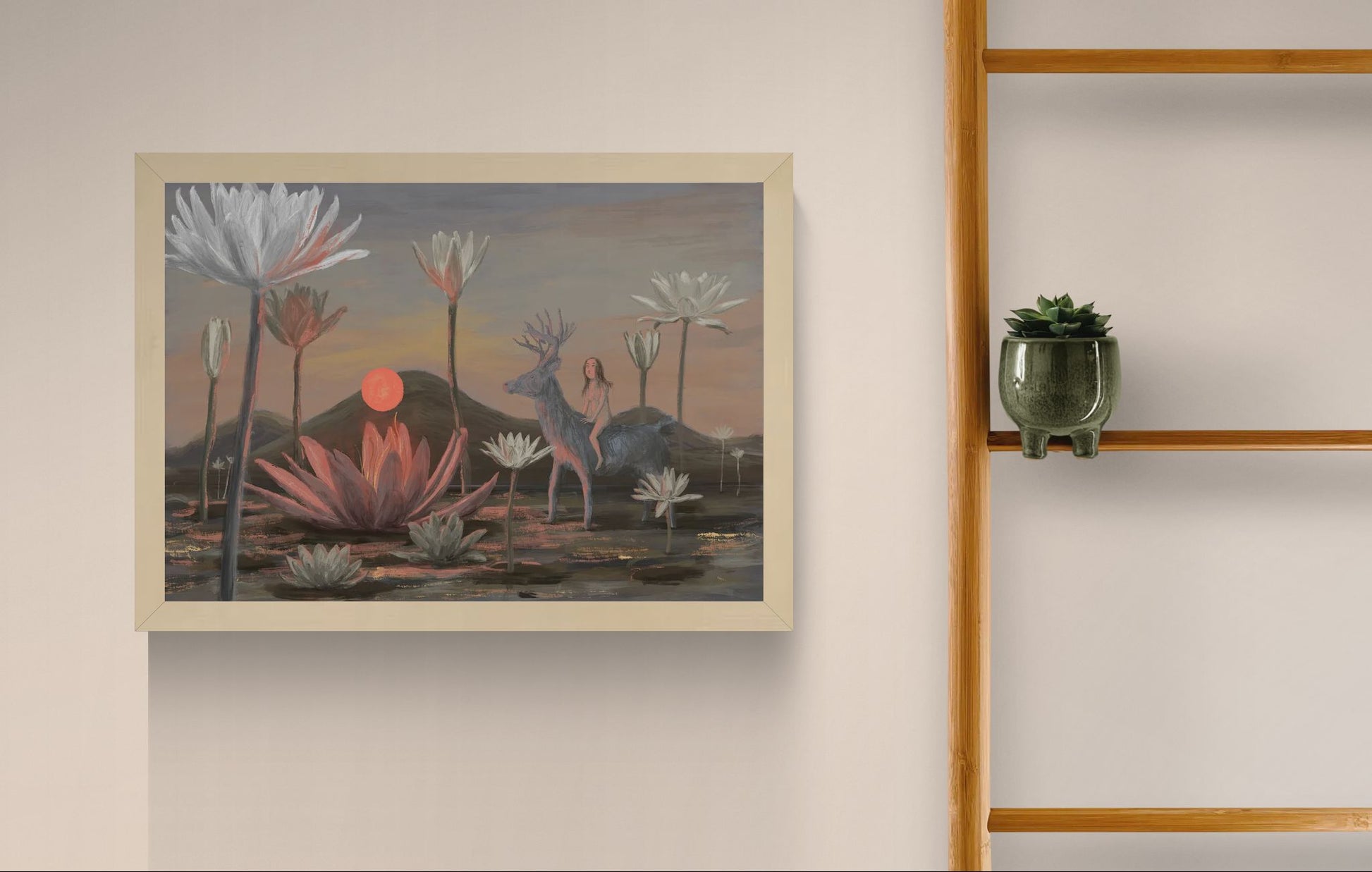 Dreamlike giclée art print featuring a woman riding a deer through a peaceful landscape of oversized water lilies at sunset, painted in soft pink, grey, and earthy tones. Horizontal fine art print for calm, nature-inspired interiors.