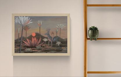 Dreamlike giclée art print featuring a woman riding a deer through a peaceful landscape of oversized water lilies at sunset, painted in soft pink, grey, and earthy tones. Horizontal fine art print for calm, nature-inspired interiors.