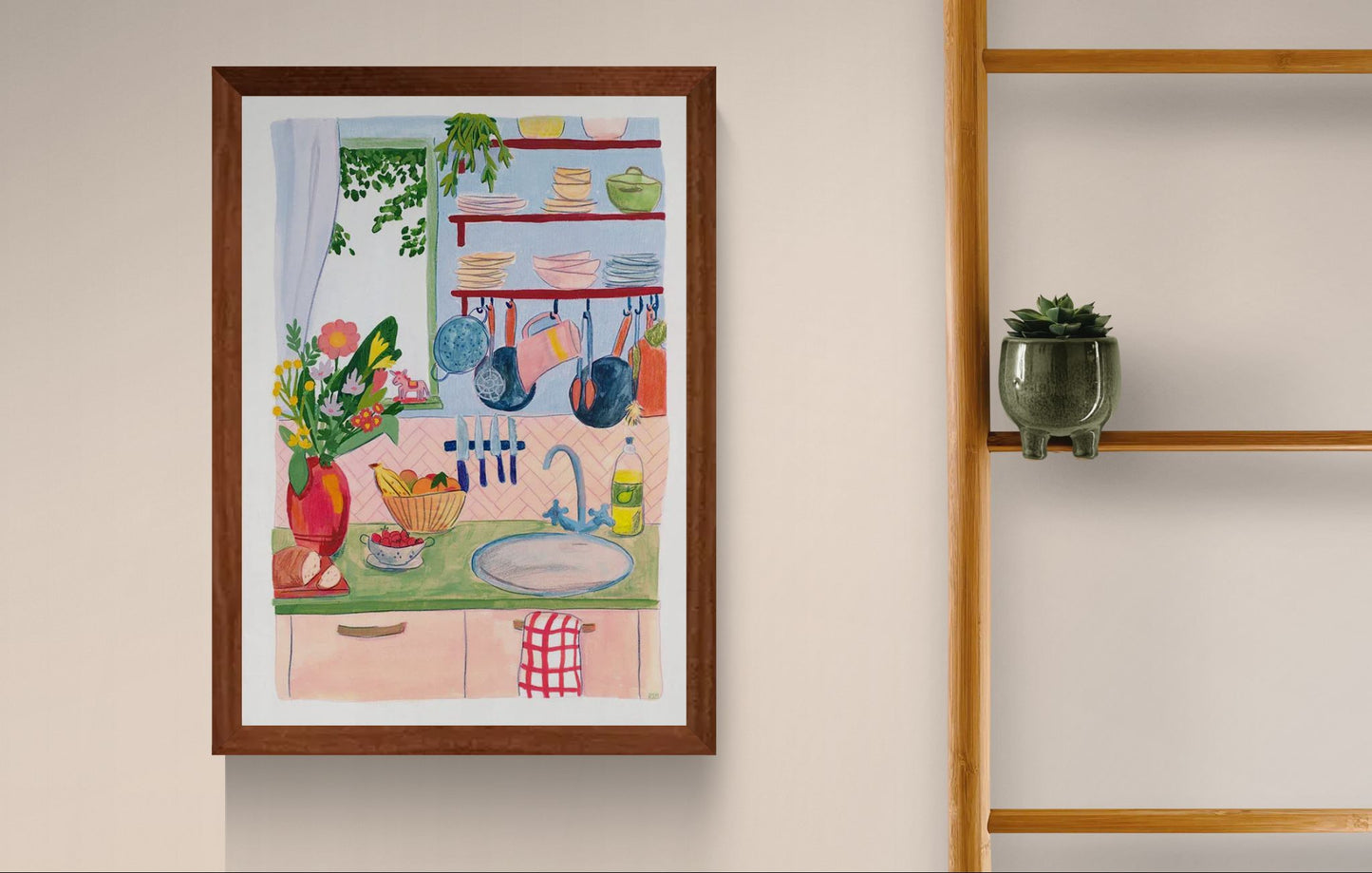 Colorful illustration of a cozy kitchen interior with plants, dishes, hanging utensils, flowers, and soft pastel tones, creating a warm and homely atmosphere.