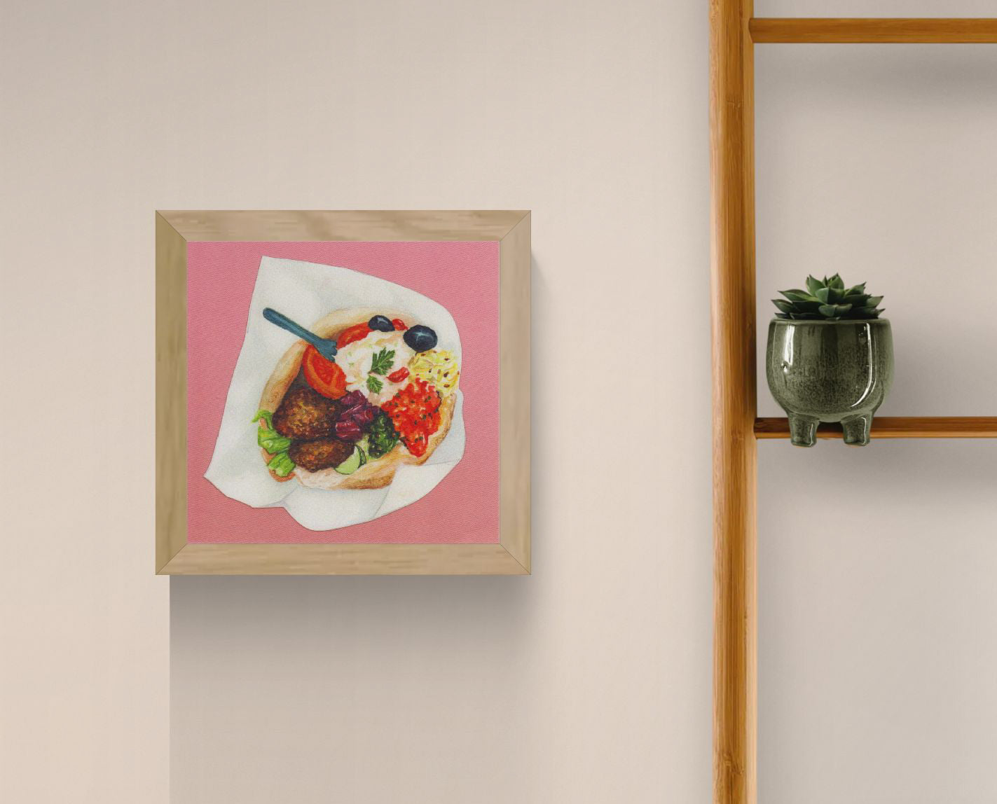 Art print “Falafel” by Kim Timmermans, watercolor and pencil illustration of a falafel wrap, intimate food illustration for contemporary interiors.