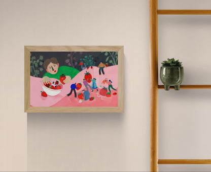 Digital art print "Aardbeien" by Belgian illustrator Louise de Meester, featuring bright red strawberries in a whimsical, textured style. Perfect for colorful kitchen decor and contemporary illustration lovers.