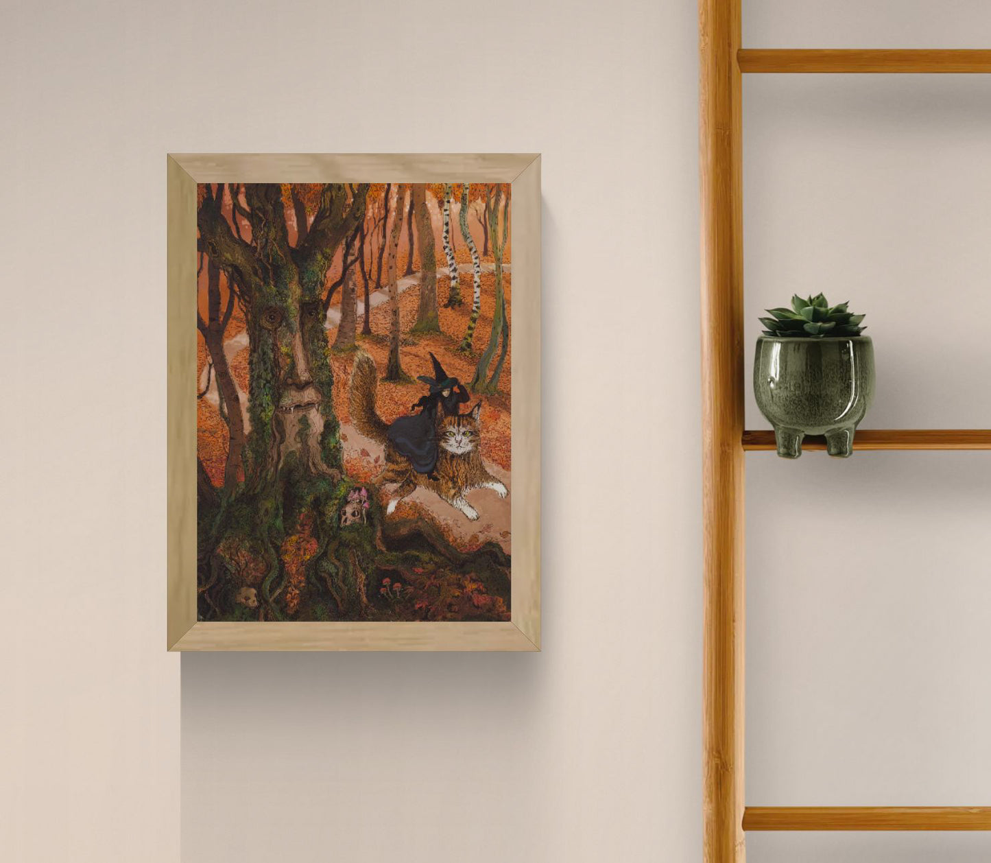 Whimsical autumn forest illustration featuring a witch riding a giant cat beside an ancient tree spirit with a human face, detailed fantasy artwork in warm orange, green, and brown tones, vertical giclée wall art for cosy home decor.