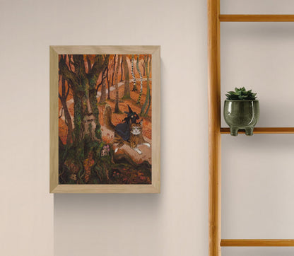 Whimsical autumn forest illustration featuring a witch riding a giant cat beside an ancient tree spirit with a human face, detailed fantasy artwork in warm orange, green, and brown tones, vertical giclée wall art for cosy home decor.