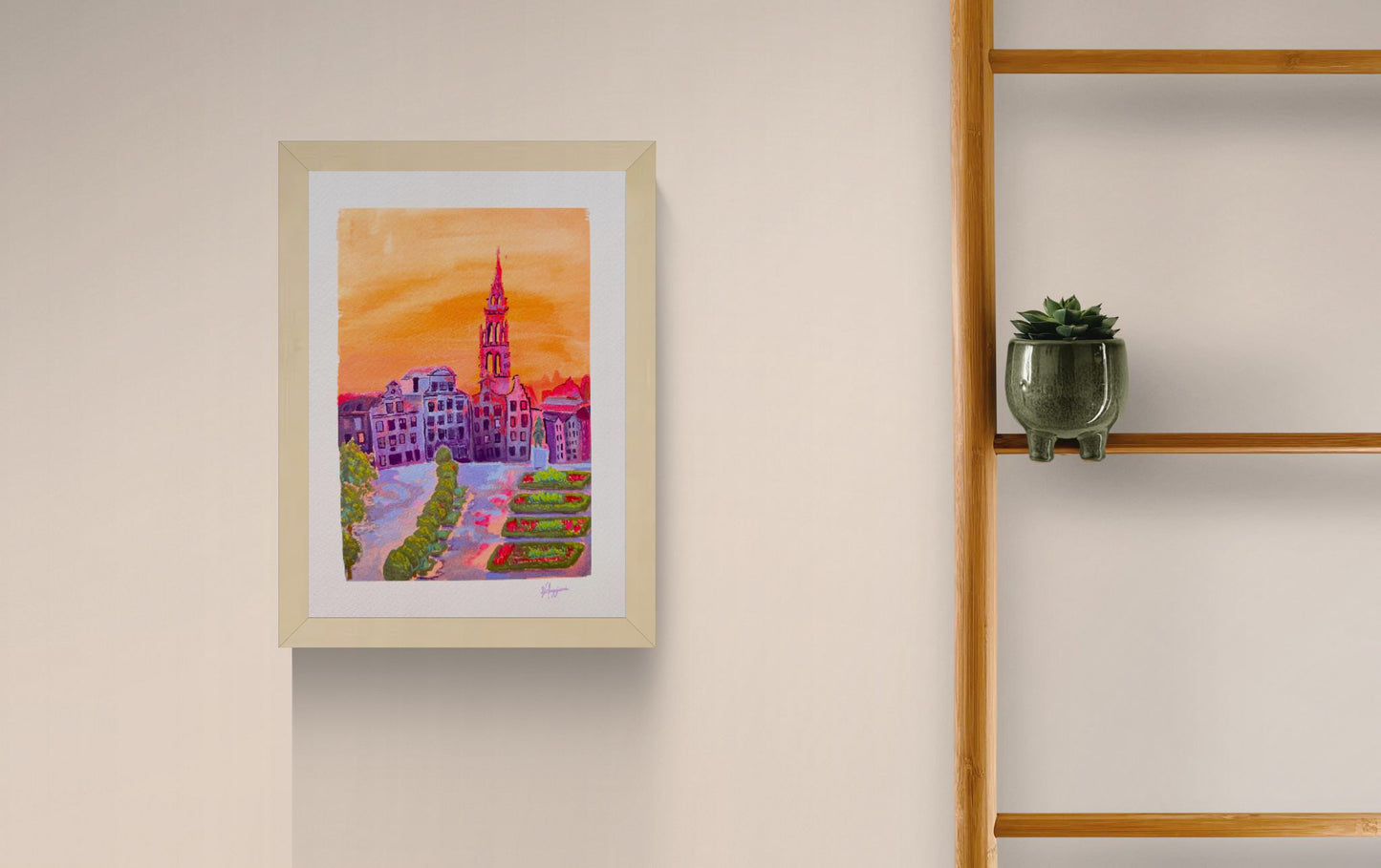 Colorful illustration of Mont des Arts in Brussels at sunset with historic buildings, garden terraces, and warm orange sky, fine art giclée print on textured cotton paper.