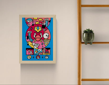 Vertical risograph art print by Auwnanas showing playful characters making, reading and carrying books and loose pages, with bold black lines and bright pink, blue and yellow colours, ideal for a reading room or creative wall.