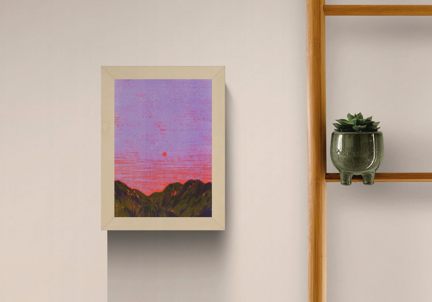 Atmospheric landscape illustration titled ‘China’ by Linde Raats, featuring a minimalist sunset over dark green mountains under a vivid purple and pink sky. This serene and dreamy art print captures the tranquility of dusk with a bold, contemporary color palette—perfect wall decor for lovers of modern travel art, Asian landscapes, and minimal aesthetic prints, available at Galerie Frits
