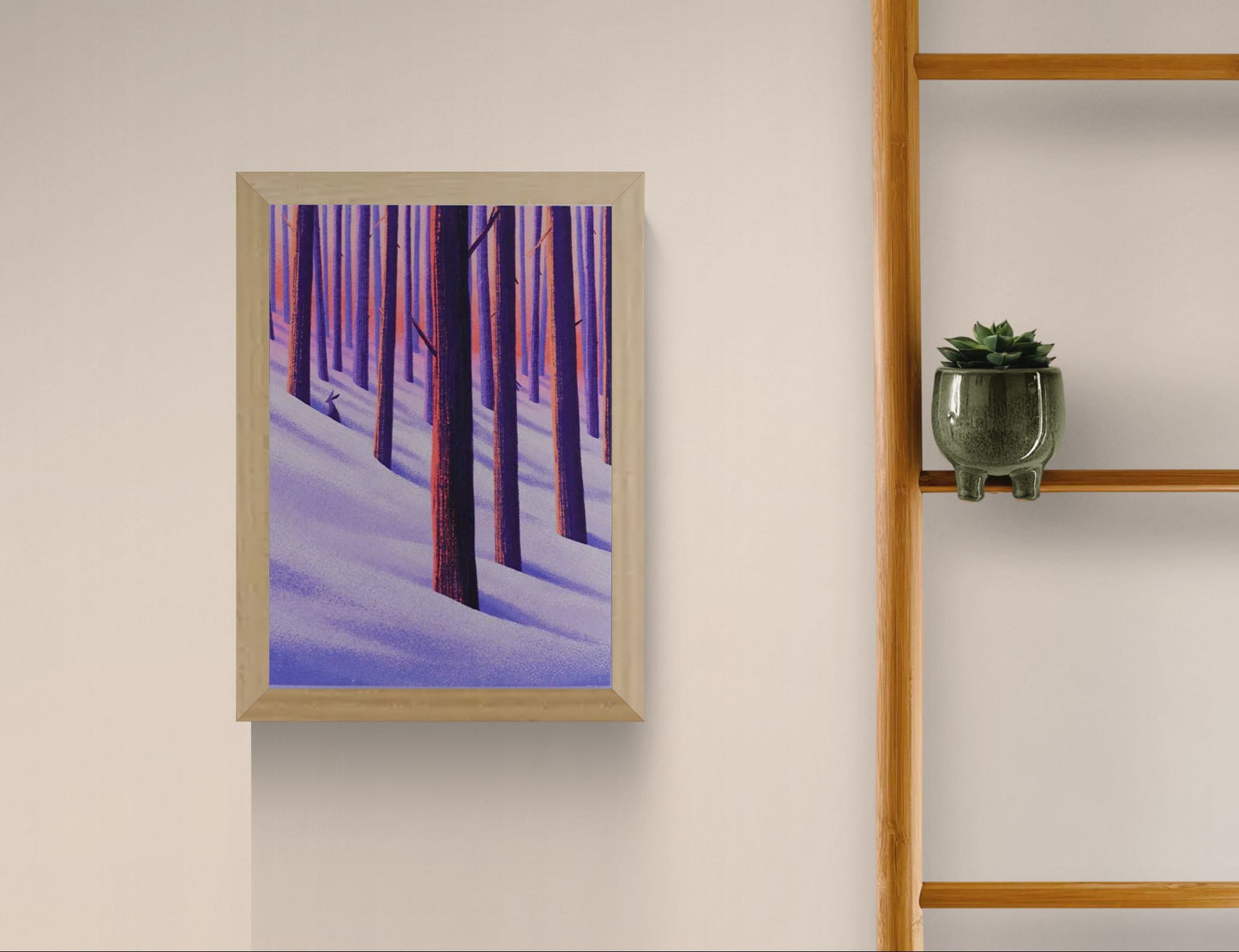 Vertical giclée art print of a small hare in a snowy forest, illustrated in purple, violet and warm orange tones, ideal as calming wall art for bedrooms, nurseries and reading corners.