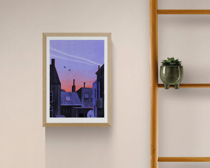 Ghent art print by Linde Raats showing quiet city rooftops at dusk with soft purple and warm sky colors, minimalist urban illustration.