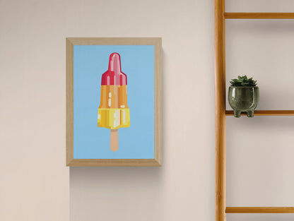 “Rocket Science” by Floor 4 Productions – Colorful A4 art print of a red-yellow rocket-shaped popsicle on a blue background, digital pop art illustration printed in Belgium on matte paper.